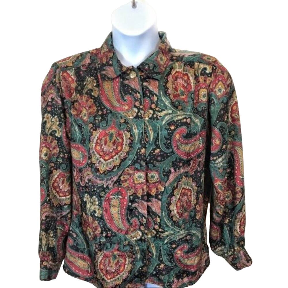 Librarian Silky Blouse Top Size 10 12 Vintage Paisley Retro Secretary Holiday
